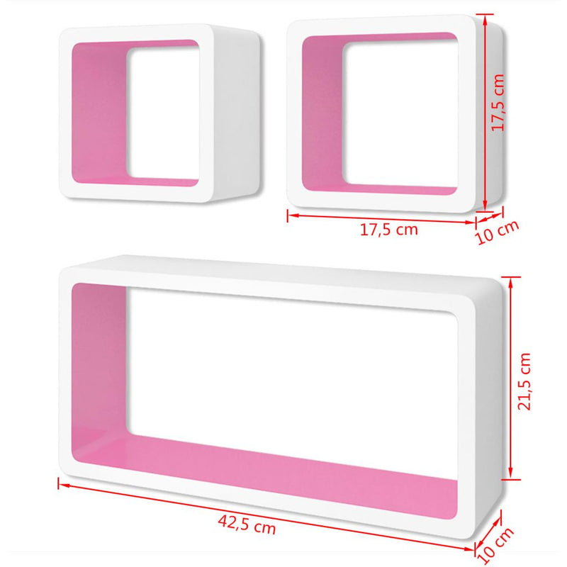 MDF Floating Wall Display Shelf - White-Pink (Set of 3)