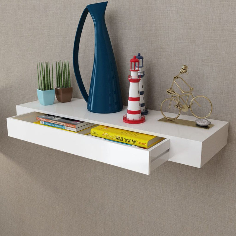 MDF Floating Wall Display Shelf With 1 Drawer - White