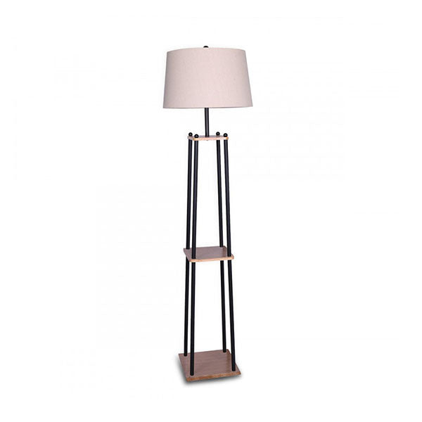 Metal Etagere Floor Lamp Wood Shelf Linen Fabric Shade