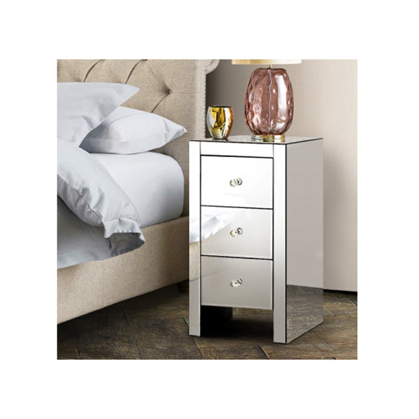 Mirrored Bedside Table Drawers Glass Quenn Silver