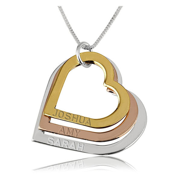 Three Toned Engraved Hearts Mother Necklace
