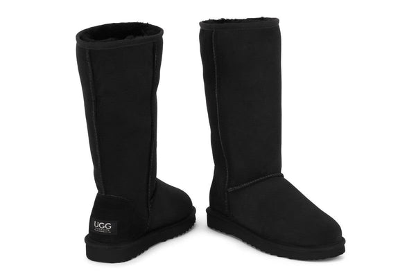 Outback Ugg Boots Long Classic - Premium Double Face Sheepskin (Black, Size 9M / 10W US)