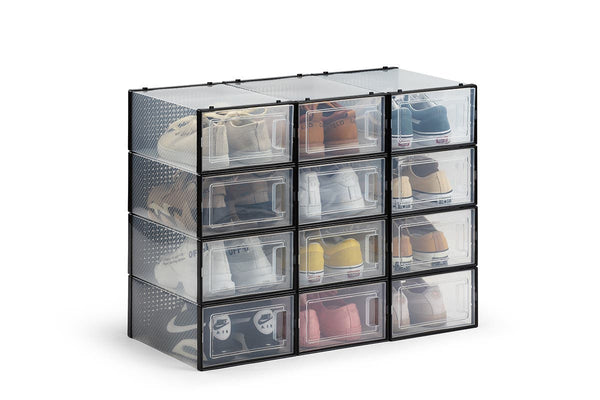 Ovela Set of 12 Click Shoe Storage Box (Large, Clear/Black)