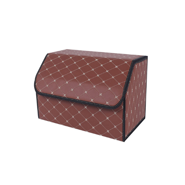 Leather Car Boot Foldable Organizer Box Coffee With Gold Stitch Medium