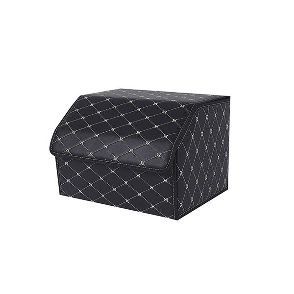 Leather Car Boot Foldable Organizer Box Black With Gold Stitch Medium