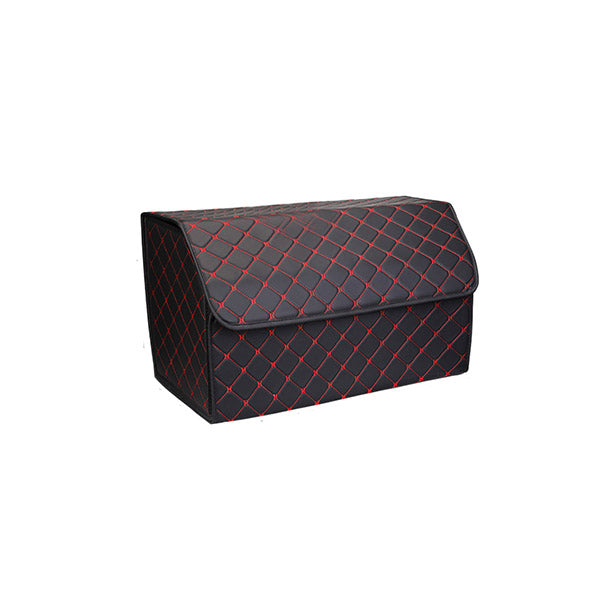 Leather Car Boot Foldable Organizer Box Black With Red Stitch Large