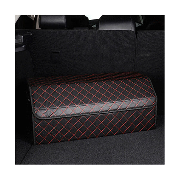 Leather Car Boot Foldable Organizer Box Black With Red Stitch Large