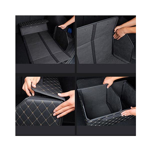 Leather Car Boot Foldable Organizer Box Black With Gold Stitch Large