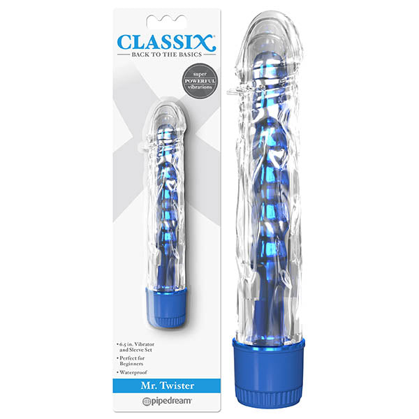 Classix Mr Twister Metallic Blue Vibrator With Clear Sleeve