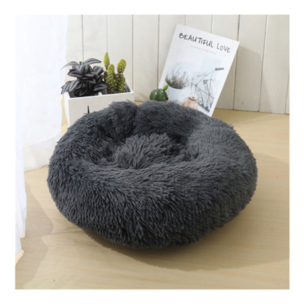 Dog Pet Cat Calming Warm Plush Round Nest Comfy Sleeping Bed Dark Grey