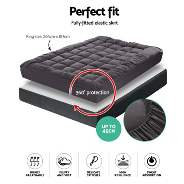 Giselle Mattress Topper 1000Gsm Charcoal Microfibre Bamboo Protector