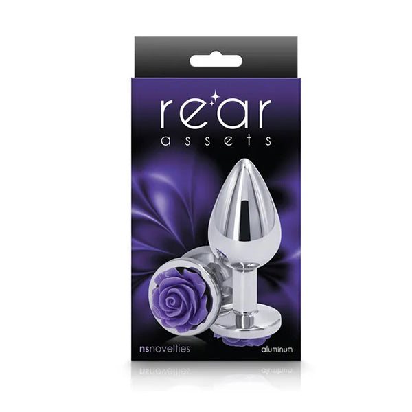 Rear Assets Rose Medium Metal Butt Plug With Purple Rose Base