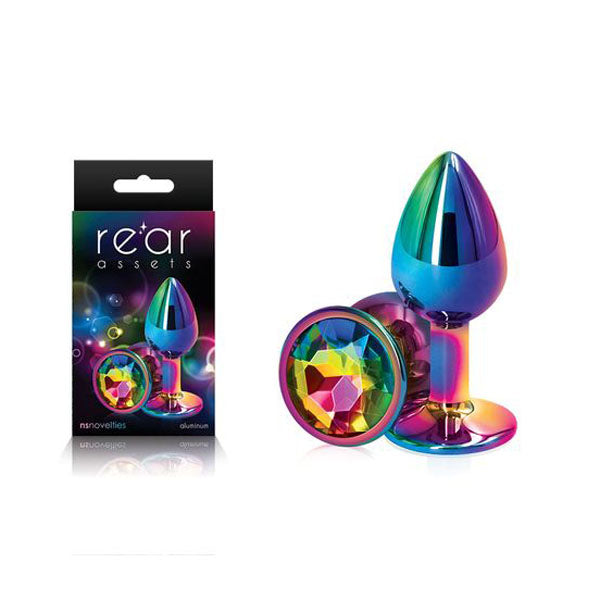 Rear Assets Multi Coloured Metal Butt Plug With Rainbow Gem Base