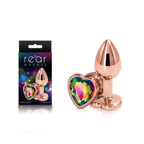 Rear Assets Rose Gold Heart Metal Butt Plug With Rainbow Heart Gem