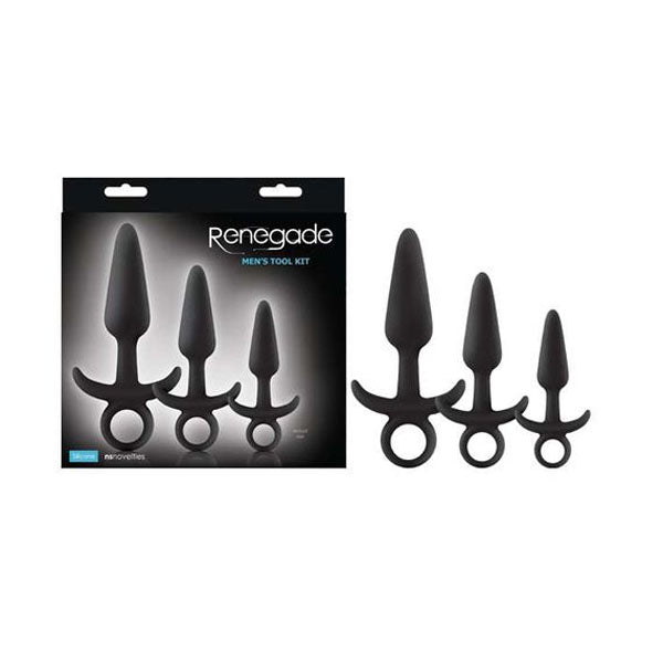 Renegade Men Tool Kit Black Butt Plugs With Ring Pulls Set Of 3 Sizes