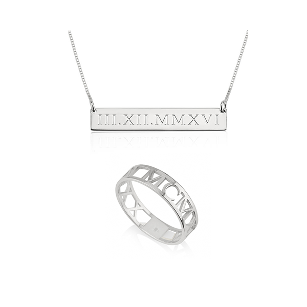 Roman Numeral Ring And Bar Necklace Set