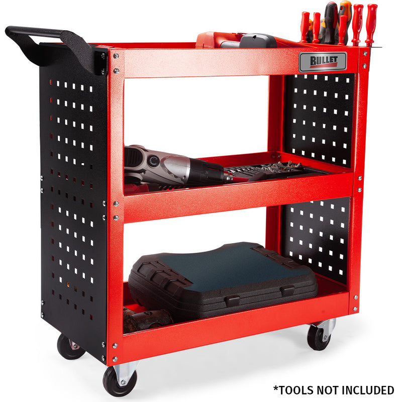 3-Tier Steel Tool Trolley Cart for Workshop, Mechanic, with Pegboard, Screwdriver Bay, Red