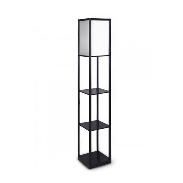 Etagere Floor Lamp Shelves In Black Frame With Fabric Shade