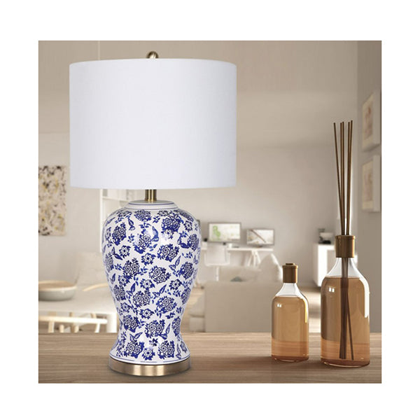 Table Lamp Ceramic Floral Base Cotton Drum Shade