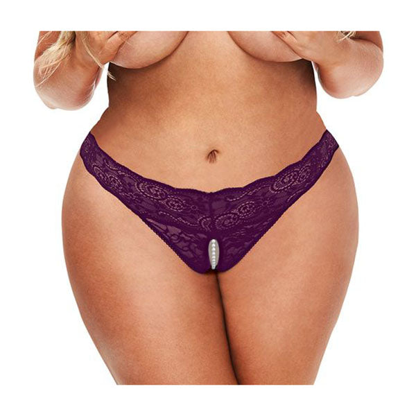 Secret Kisses Lace And Pearls Crotchless Thong Purple Queen Size