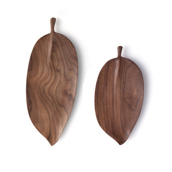 Set Of 2 Walnut Leaf Shape Wooden Tray