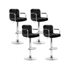 Set Of 4 Bar Stools Steel And Black Gas Lift Swivel Armrests