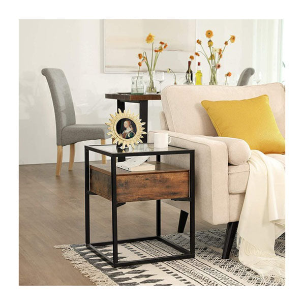 Tempered Glass Side Table With Drawer And Shelf