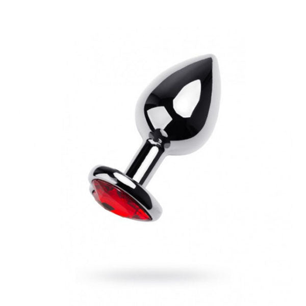 Silver Metal Anal Plug W Red Ruby Heart Crystal Medium