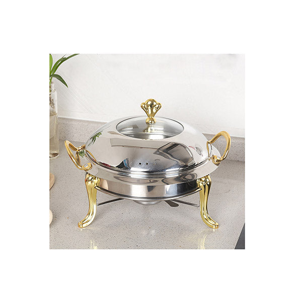 Stainless Steel Gold Accents Round Buffet With Glass Top Lid