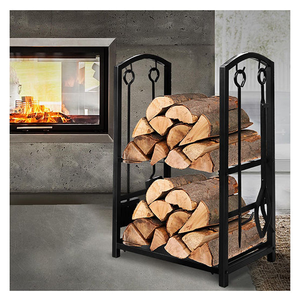 Steel Firewood Rack With 4 Fireplace Tools