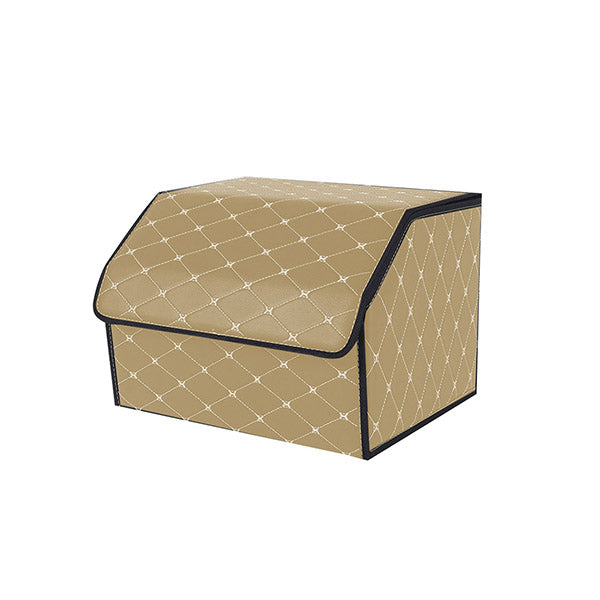 Leather Car Boot Foldable Organizer Box Beige With Gold Stitch Medium