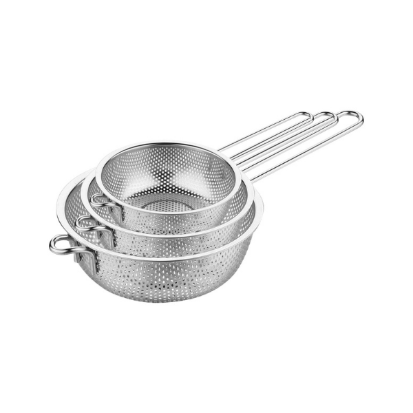 Stainless Steel Perforated Food Strainer With Handle Skimmer Sieve Set