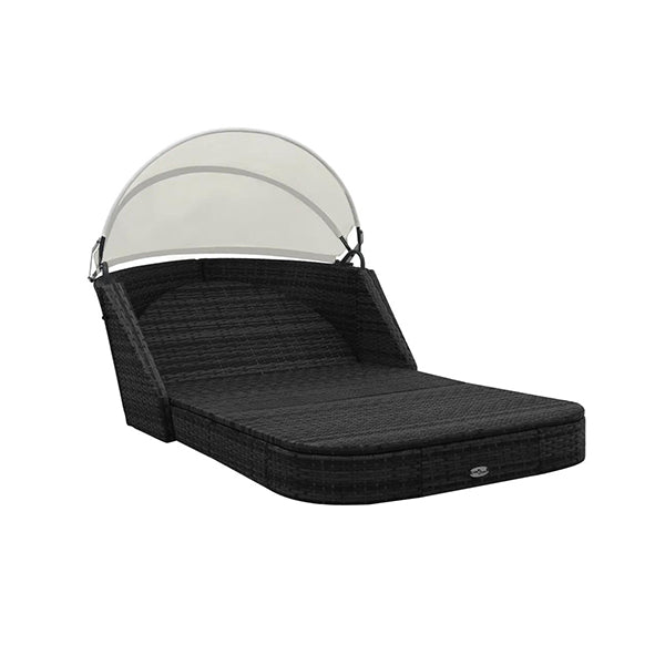 Sun Bed Poly Rattan With Canopy - Black