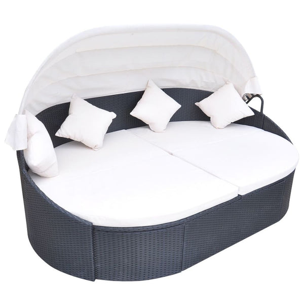 Sun Lounger With Canopy & Cushion Poly Rattan - Black