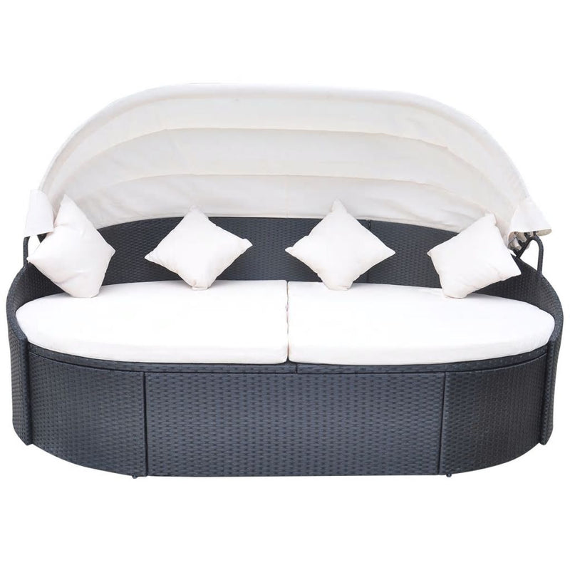 Sun Lounger With Canopy & Cushion Poly Rattan - Black