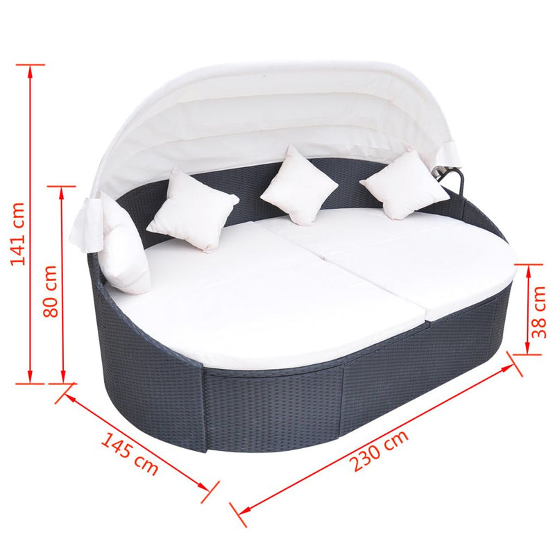 Sun Lounger With Canopy & Cushion Poly Rattan - Black