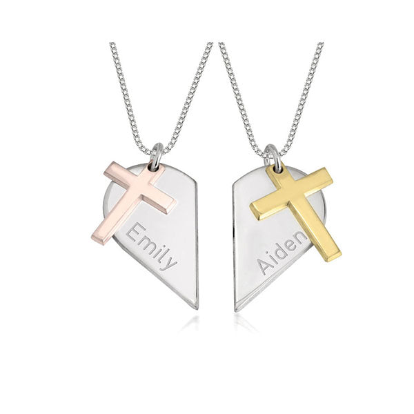 Two Tone Couples Heart Necklace With Cross