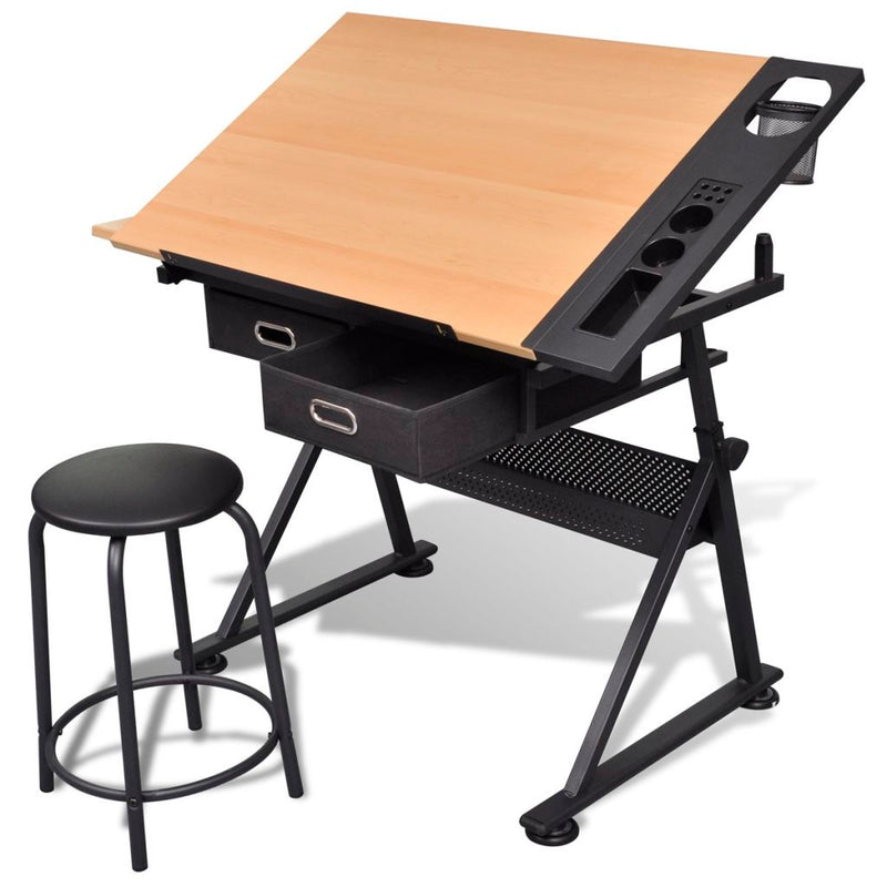 Two Drawers Tiltable Tabletop Drawing Table with Stool