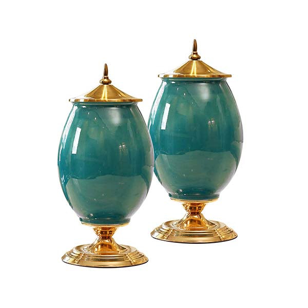 Soga 2X 40Cm Ceramic Oval Flower Vase With Gold Metal Base Green
