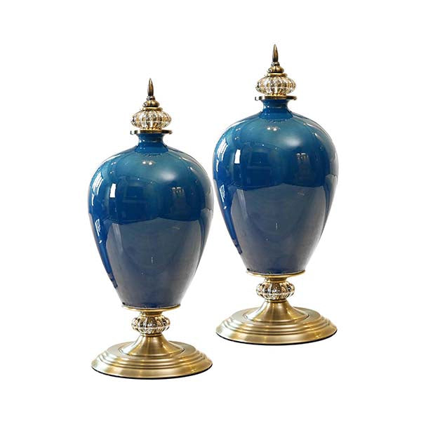 Soga 2X 42Cm Ceramic Oval Flower Vase With Gold Metal Base Dark Blue