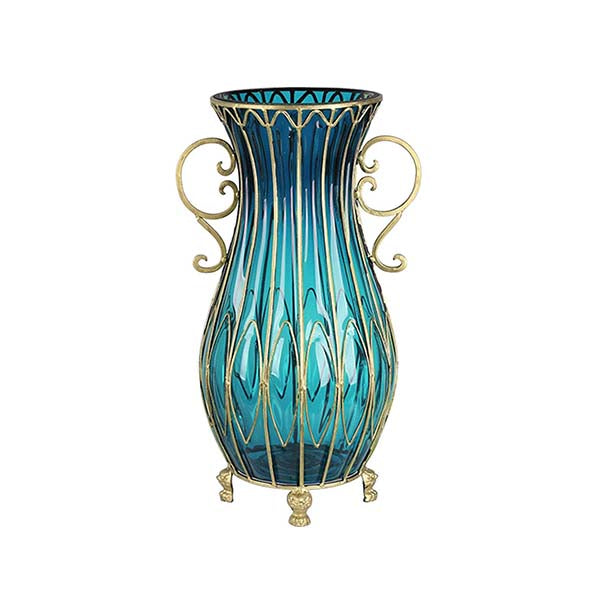 Soga 50Cm Blue Glass Oval Floor Vase With Metal Flower Stand