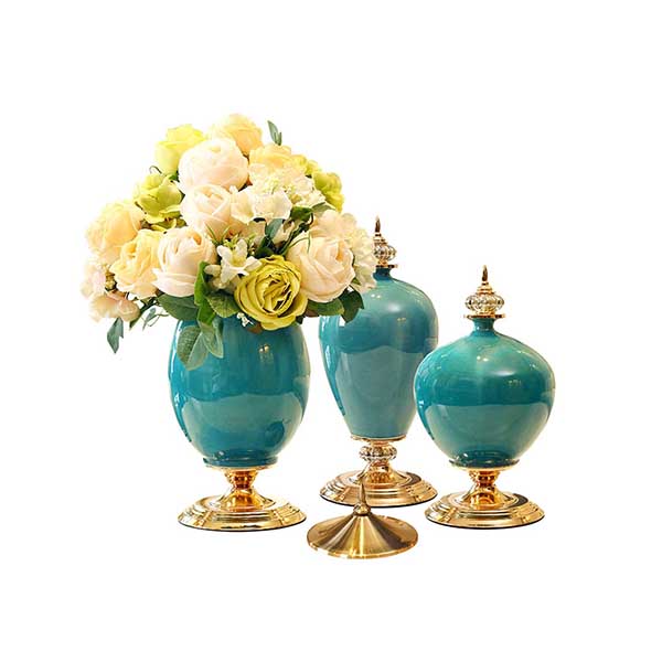 Soga 3X Ceramic Oval Flower Vase With White Flower Set Green