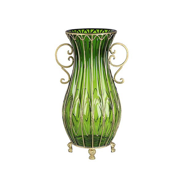 Soga 50Cm Green Glass Oval Floor Vase With Metal Flower Stand