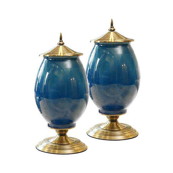 Soga 2X 40Cm Ceramic Oval Flower Vase With Gold Metal Base Dark Blue