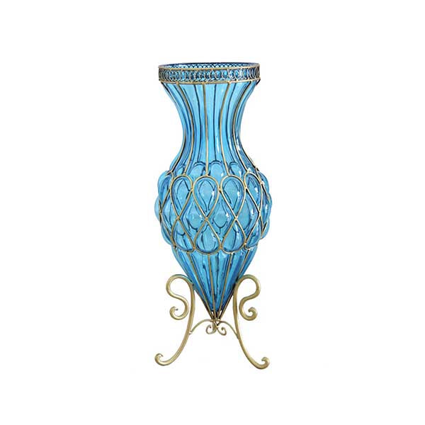 Soga 65Cm Blue Glass Tall Floor Vase With Metal Flower Stand