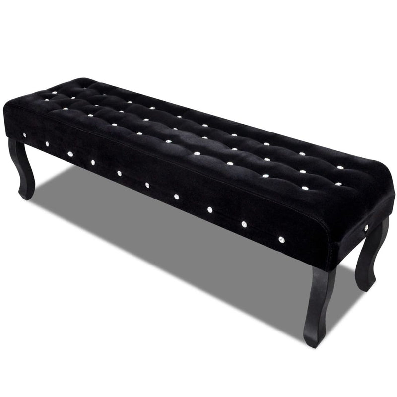 Velvet Fabric Bench with Crystal Buttons - Black