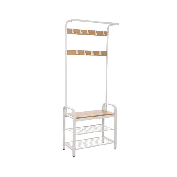 175Cm Coat Rack Stand Shoe Bench With Shelves White