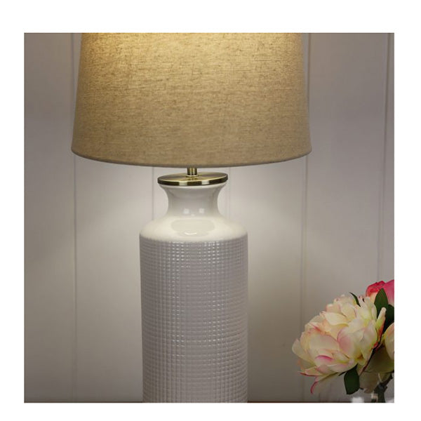 White Ceramic Table Lamp With Natural Linen Shade