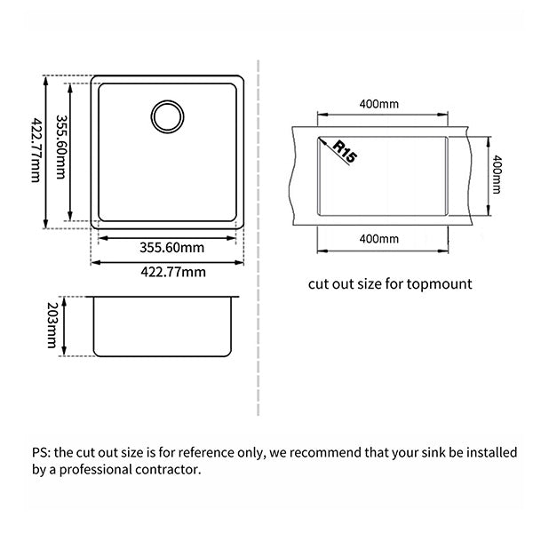 422X422X203Mm Kitchen Laundry Granite Quartz Stone Sink Waste White