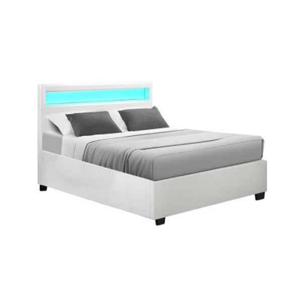 Cole Led Bed Frame Pu Leather Gas Lift Storage White Queen